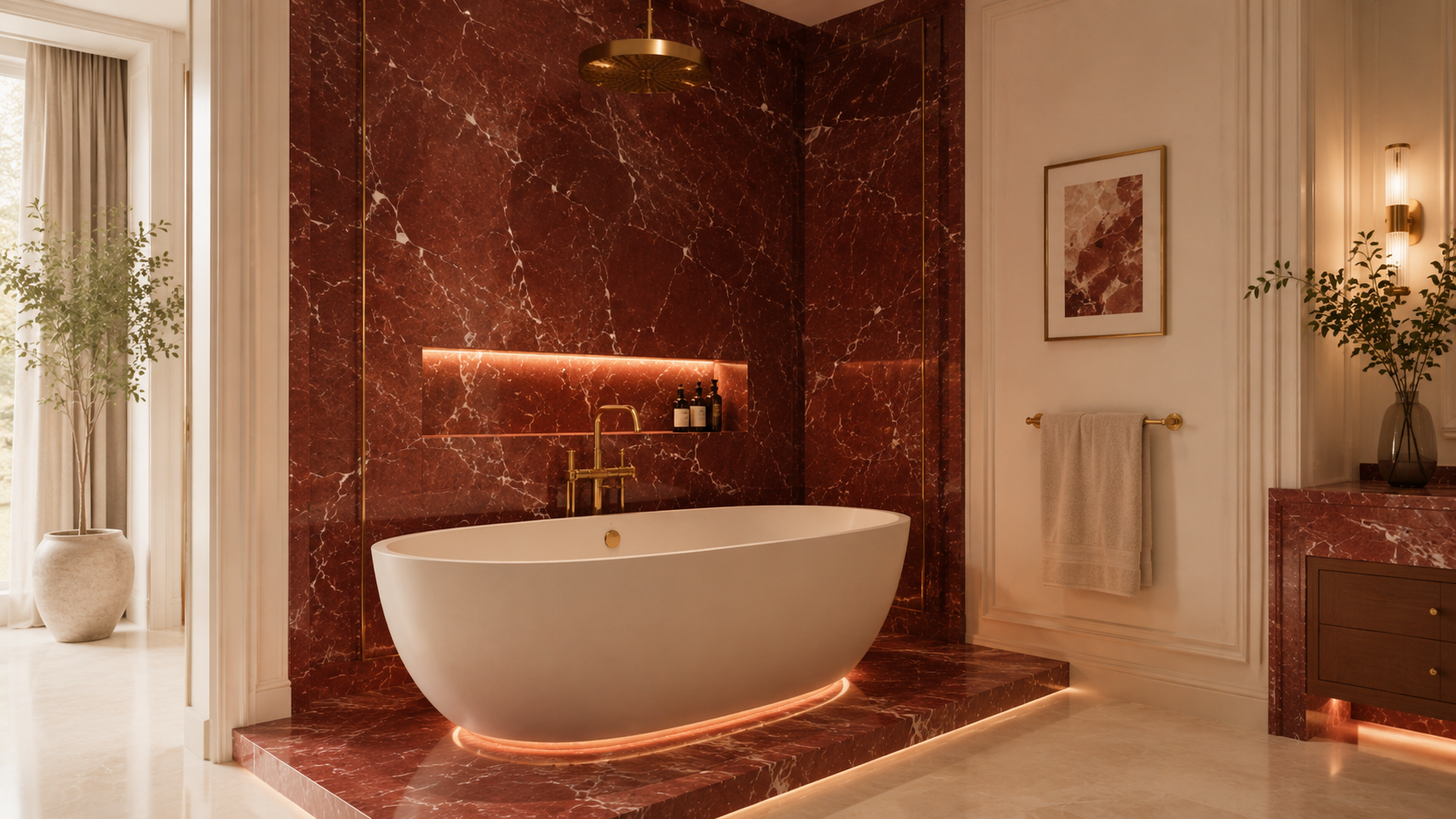 Freestanding bathtub corner surrounded by red marble wall cladding and low accent lighting
